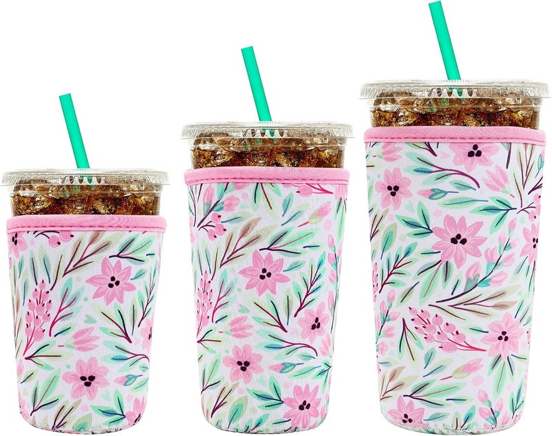 YR Reusable Neoprene Insulator Sleeve for Iced Coffee Cups, 3 Pack Coffee Coolies sleeves for Iced & Hot Drinks, Cold Beverage Cooler Compatible with Starbucks Coffee and More (Pink Flower) - Image 1